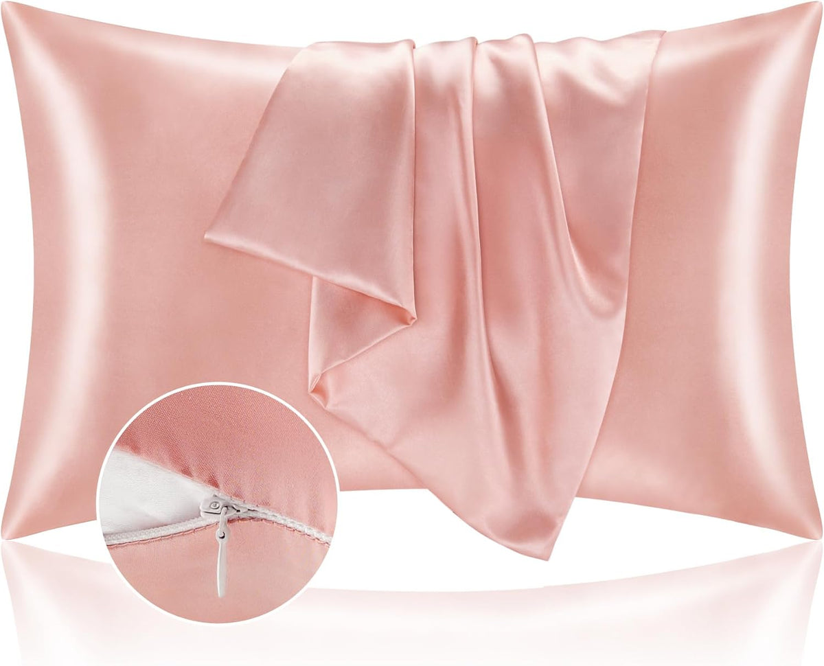 Zipper Satin Pillowcases, Standard Size 20"x26", Coral, Set of 2