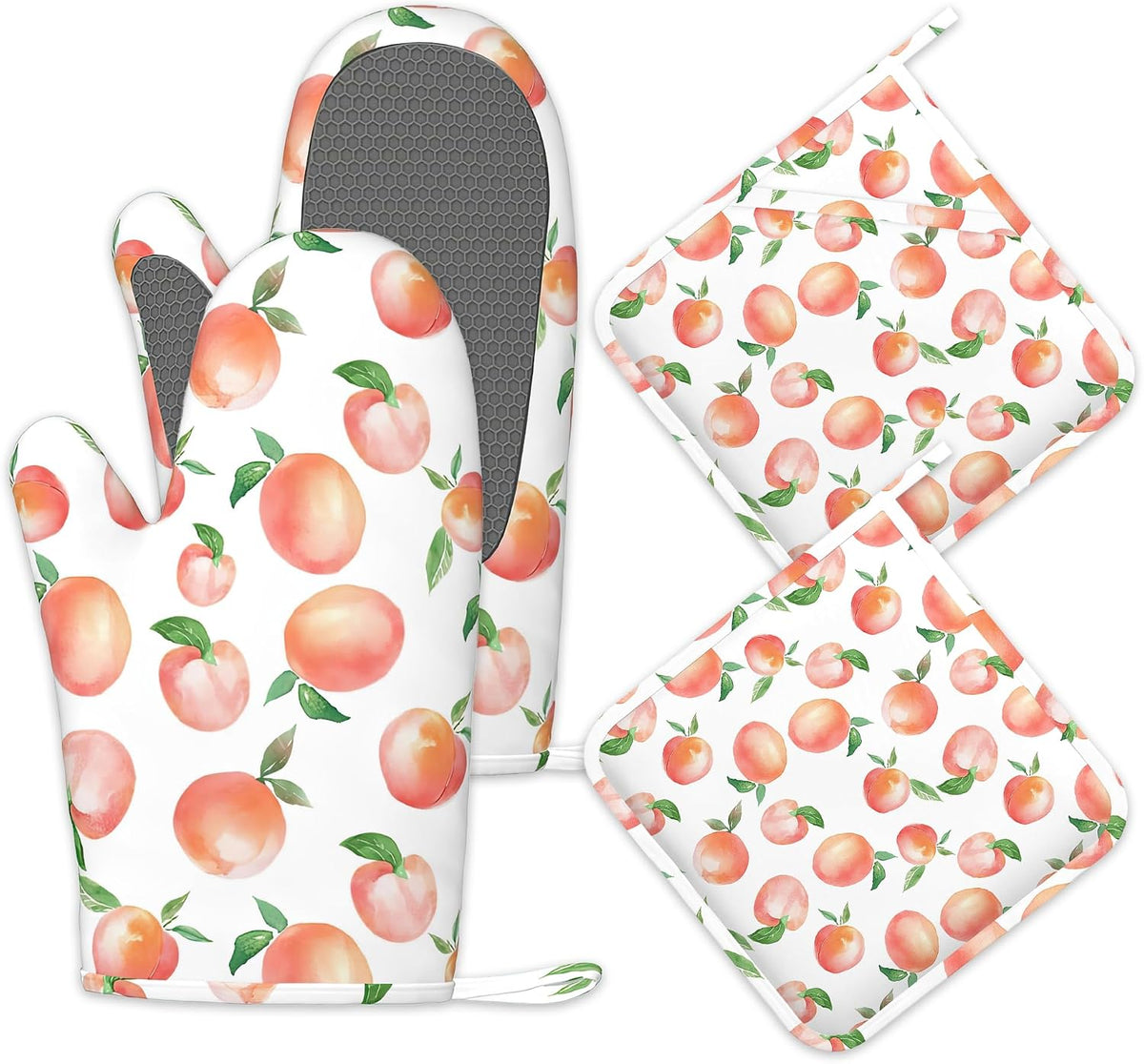 Watercolor Peaches Oven Mitts and Pot Holders Sets,Silicone Kitchen Mitts Potholders Heat Resistant 4Pcs Oven Gloves Hot Pads for Kitchen Baking Cooking