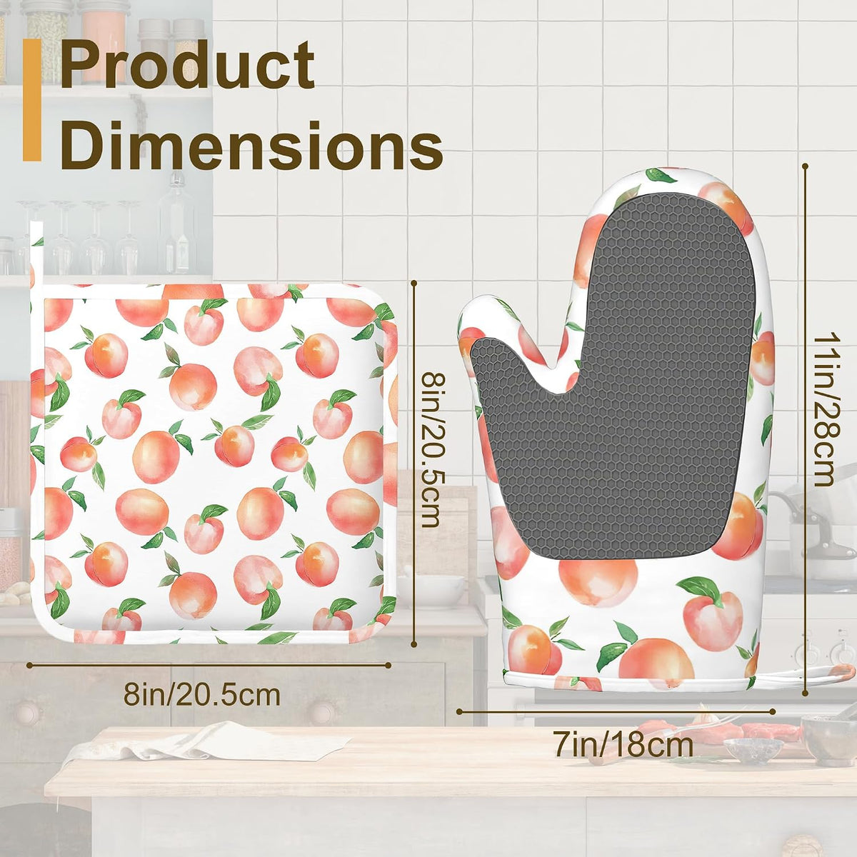 Watercolor Peaches Oven Mitts and Pot Holders Sets,Silicone Kitchen Mitts Potholders Heat Resistant 4Pcs Oven Gloves Hot Pads for Kitchen Baking Cooking