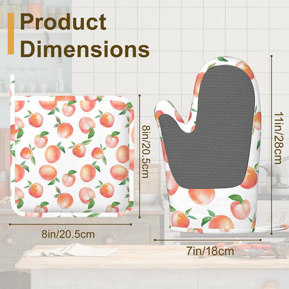 Watercolor Peaches Oven Mitts and Pot Holders Sets,Silicone Kitchen Mitts Potholders Heat Resistant 4Pcs Oven Gloves Hot Pads for Kitchen Baking Cooking