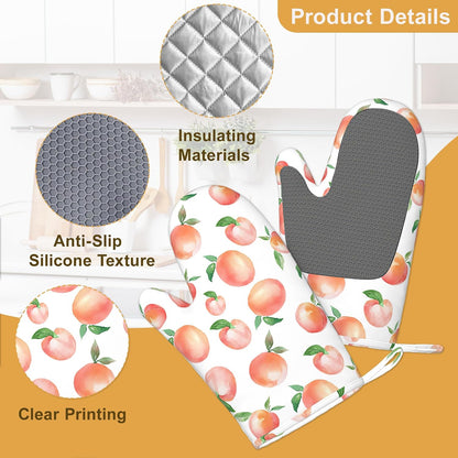 Watercolor Peaches Oven Mitts and Pot Holders Sets,Silicone Kitchen Mitts Potholders Heat Resistant 4Pcs Oven Gloves Hot Pads for Kitchen Baking Cooking