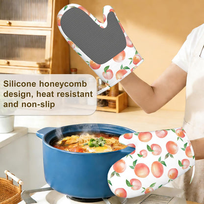 Watercolor Peaches Oven Mitts and Pot Holders Sets,Silicone Kitchen Mitts Potholders Heat Resistant 4Pcs Oven Gloves Hot Pads for Kitchen Baking Cooking