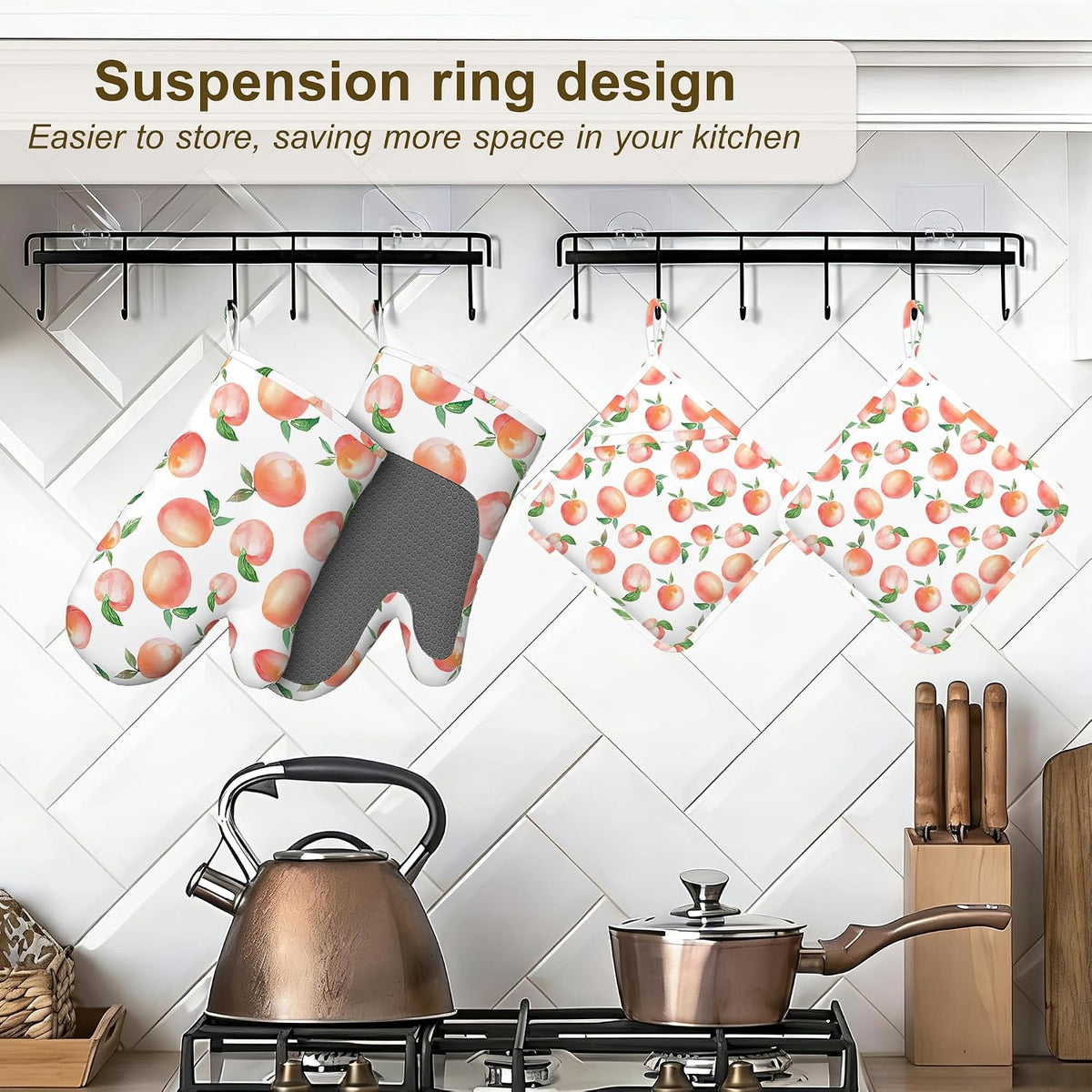 Watercolor Peaches Oven Mitts and Pot Holders Sets,Silicone Kitchen Mitts Potholders Heat Resistant 4Pcs Oven Gloves Hot Pads for Kitchen Baking Cooking
