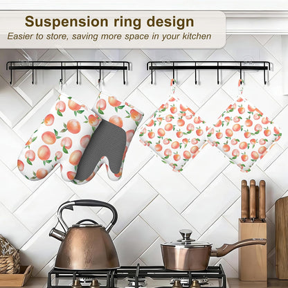 Watercolor Peaches Oven Mitts and Pot Holders Sets,Silicone Kitchen Mitts Potholders Heat Resistant 4Pcs Oven Gloves Hot Pads for Kitchen Baking Cooking