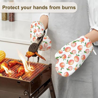 Watercolor Peaches Oven Mitts and Pot Holders Sets,Silicone Kitchen Mitts Potholders Heat Resistant 4Pcs Oven Gloves Hot Pads for Kitchen Baking Cooking