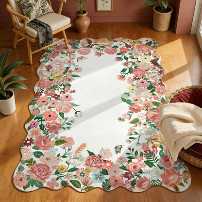Washable 5x7 Rug for Living Room, Pink Camellia Floral Rugs for Bedroom Girls, Non-Slip Soft Scalloped Flower Floor Carpet for Kids Nursery Room Decor(Pink,5'x7')