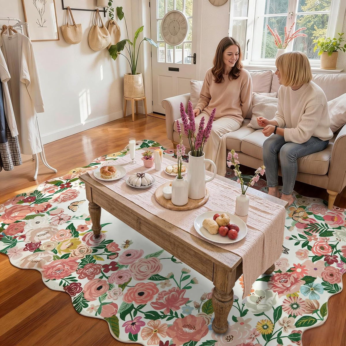 Washable 5x7 Rug for Living Room, Pink Camellia Floral Rugs for Bedroom Girls, Non-Slip Soft Scalloped Flower Floor Carpet for Kids Nursery Room Decor(Pink,5'x7')