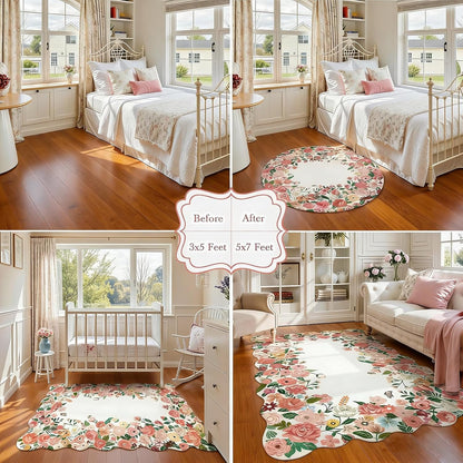 Washable 5x7 Rug for Living Room, Pink Camellia Floral Rugs for Bedroom Girls, Non-Slip Soft Scalloped Flower Floor Carpet for Kids Nursery Room Decor(Pink,5'x7')