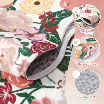 Washable 5x7 Rug for Living Room, Pink Camellia Floral Rugs for Bedroom Girls, Non-Slip Soft Scalloped Flower Floor Carpet for Kids Nursery Room Decor(Pink,5'x7')