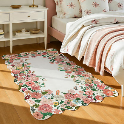 Washable 5x7 Rug for Living Room, Pink Camellia Floral Rugs for Bedroom Girls, Non-Slip Soft Scalloped Flower Floor Carpet for Kids Nursery Room Decor(Pink,5'x7')