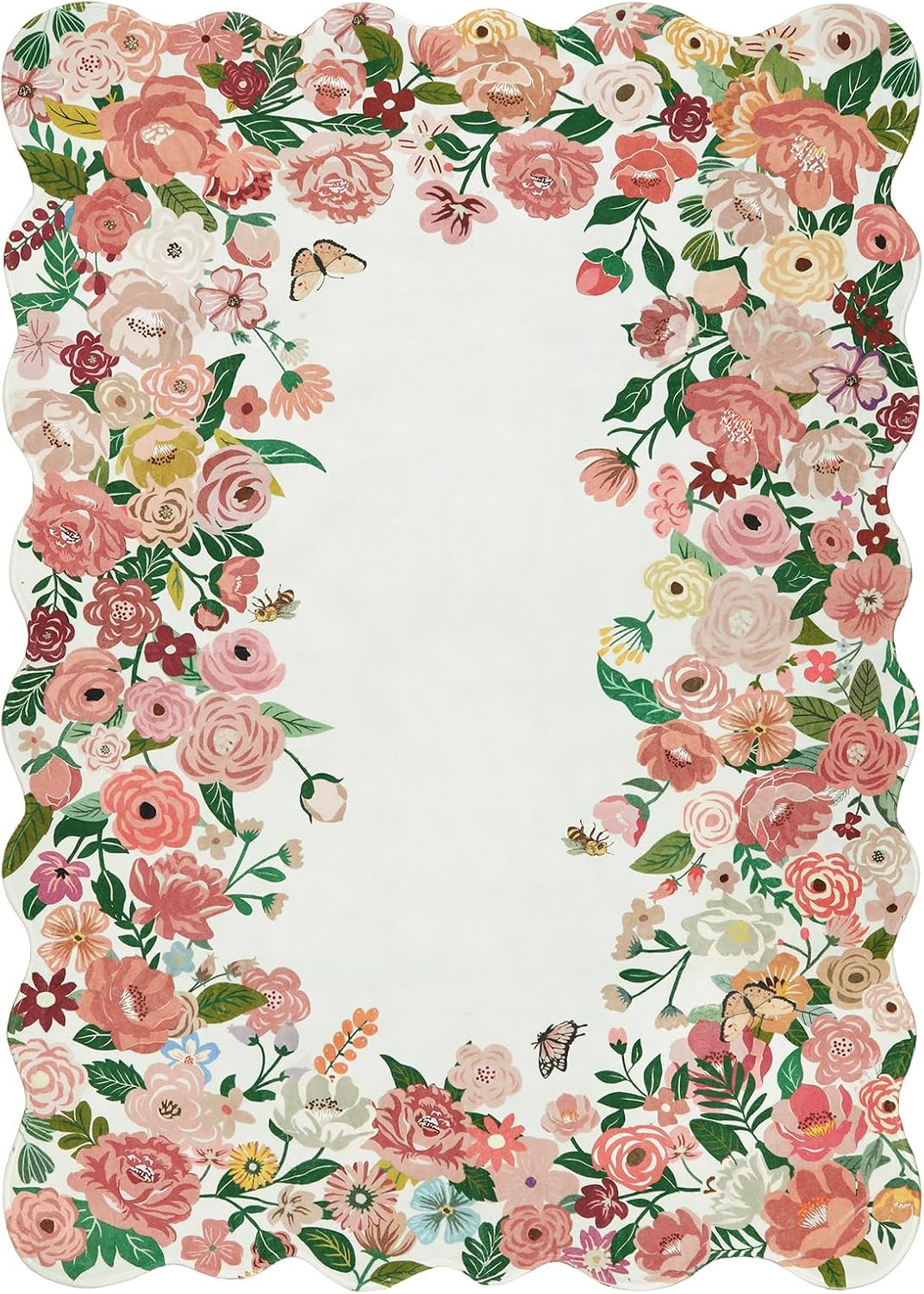 Washable 5x7 Rug for Living Room, Pink Camellia Floral Rugs for Bedroom Girls, Non-Slip Soft Scalloped Flower Floor Carpet for Kids Nursery Room Decor(Pink,5'x7')