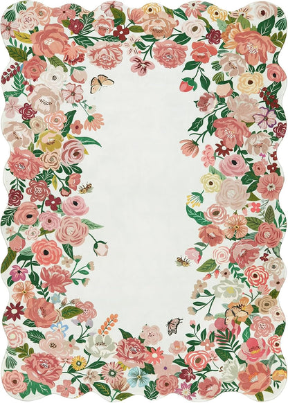 Washable 5x7 Rug for Living Room, Pink Camellia Floral Rugs for Bedroom Girls, Non-Slip Soft Scalloped Flower Floor Carpet for Kids Nursery Room Decor(Pink,5'x7')