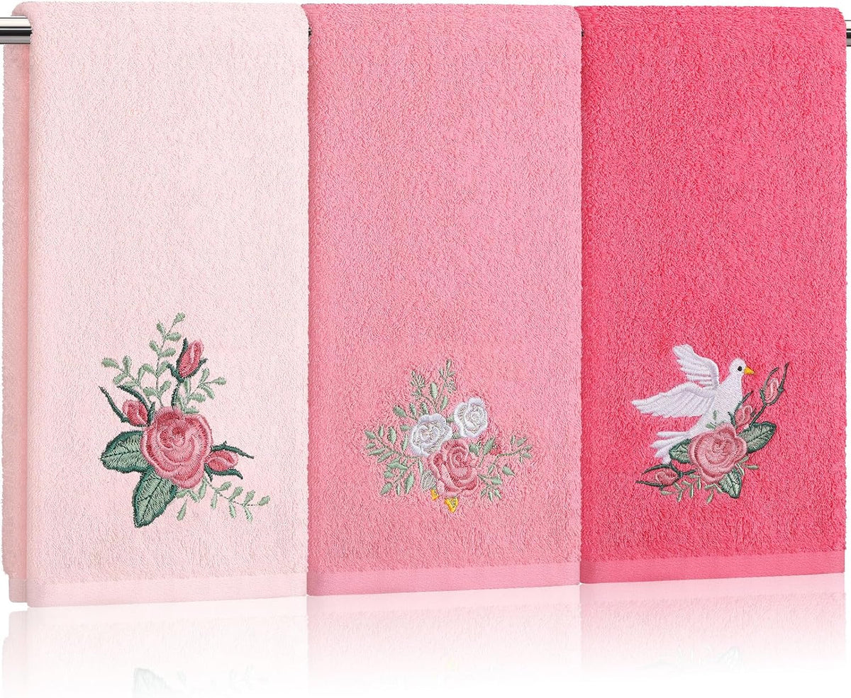 3 Pcs Pink Rose Floral Hand Towels Spring Pink Flower Bath Towels