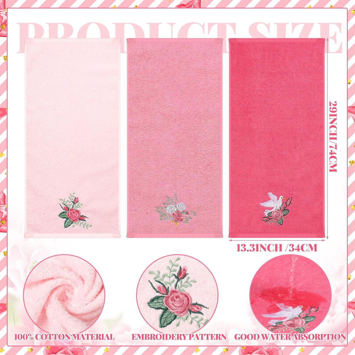 3 Pcs Pink Rose Floral Hand Towels Spring Pink Flower Bath Towels