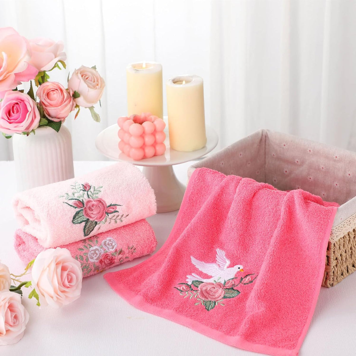 3 Pcs Pink Rose Floral Hand Towels Spring Pink Flower Bath Towels