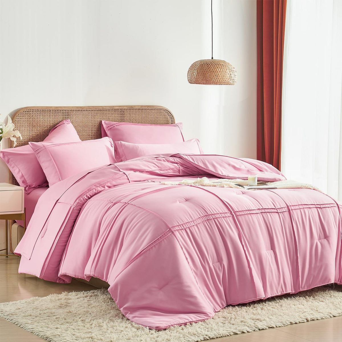 Full Size Comforter Set 7 Piece Bed in a Bag,Grid Pinch Pleat Pink Bedding Set,Striped Textured Soft Microfiber Comforter with Sheet Set,All Season Complete Bed Set(Pink,Full)