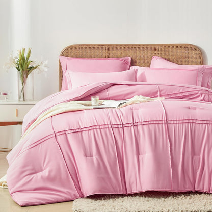 Full Size Comforter Set 7 Piece Bed in a Bag,Grid Pinch Pleat Pink Bedding Set,Striped Textured Soft Microfiber Comforter with Sheet Set,All Season Complete Bed Set(Pink,Full)