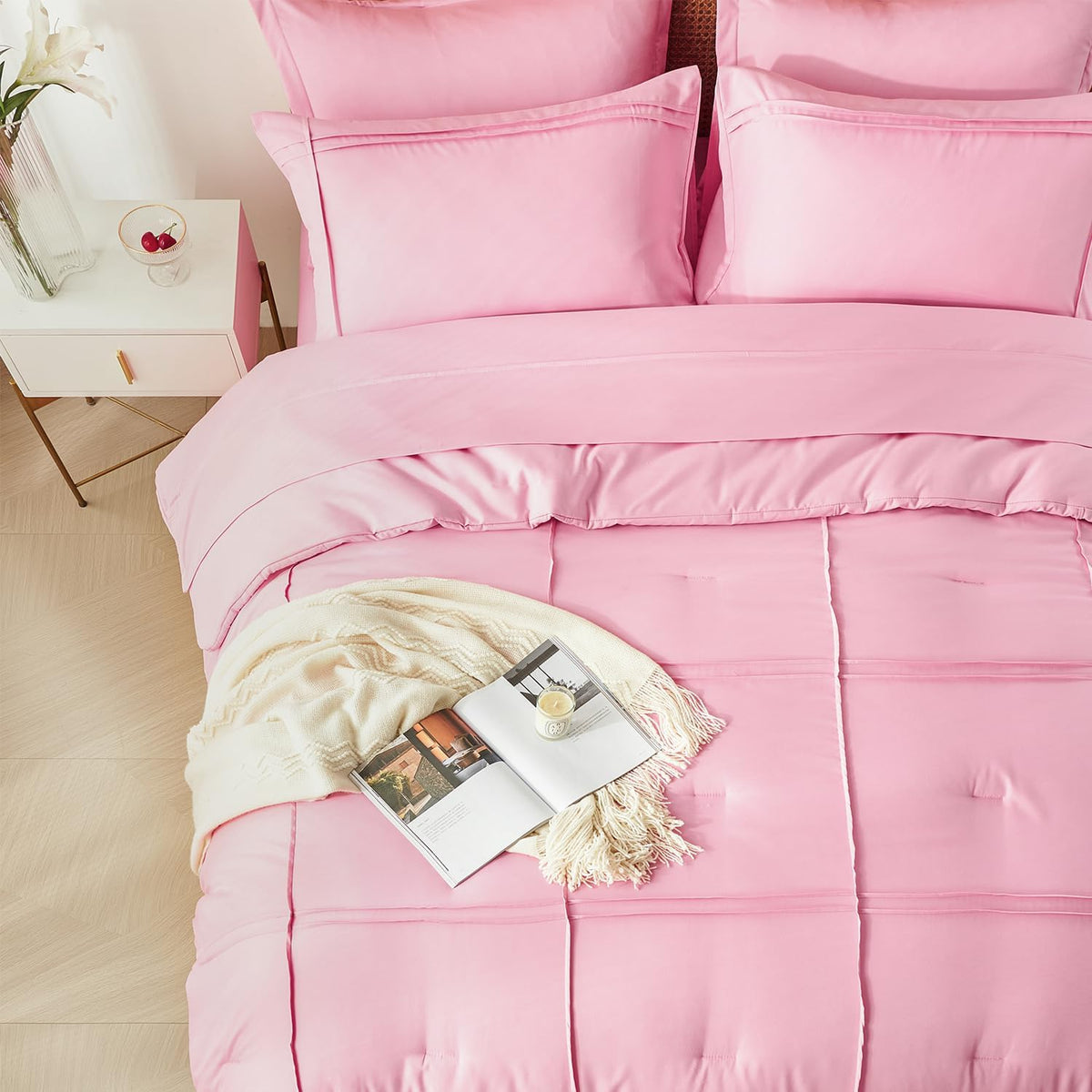 Full Size Comforter Set 7 Piece Bed in a Bag,Grid Pinch Pleat Pink Bedding Set,Striped Textured Soft Microfiber Comforter with Sheet Set,All Season Complete Bed Set(Pink,Full)