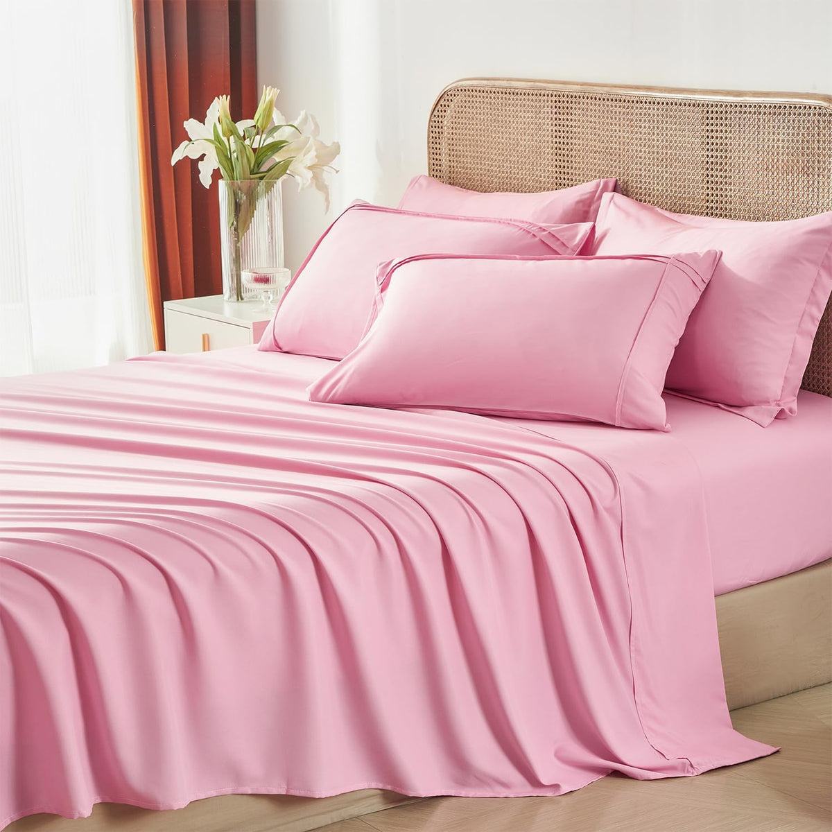Full Size Comforter Set 7 Piece Bed in a Bag,Grid Pinch Pleat Pink Bedding Set,Striped Textured Soft Microfiber Comforter with Sheet Set,All Season Complete Bed Set(Pink,Full)
