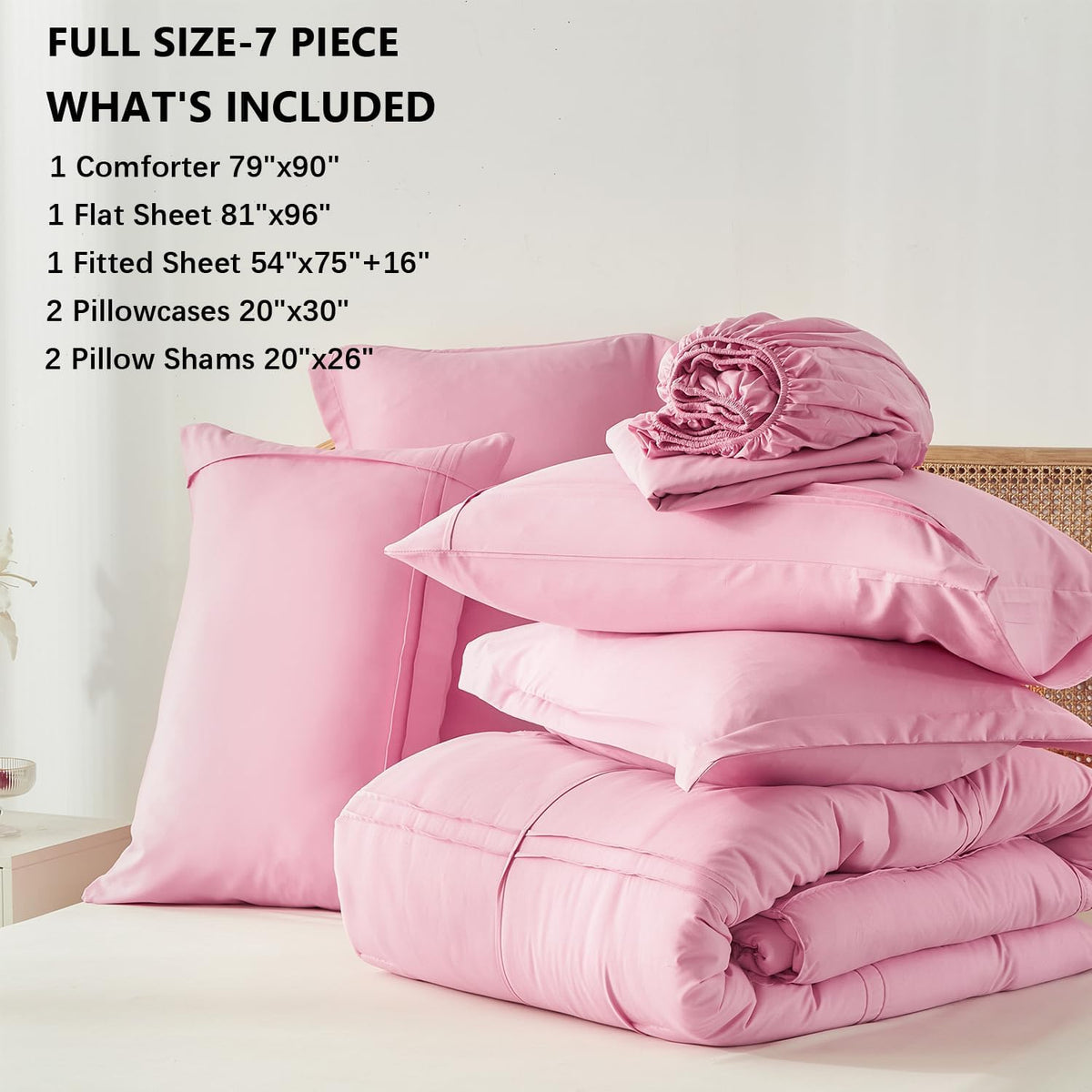 Full Size Comforter Set 7 Piece Bed in a Bag,Grid Pinch Pleat Pink Bedding Set,Striped Textured Soft Microfiber Comforter with Sheet Set,All Season Complete Bed Set(Pink,Full)