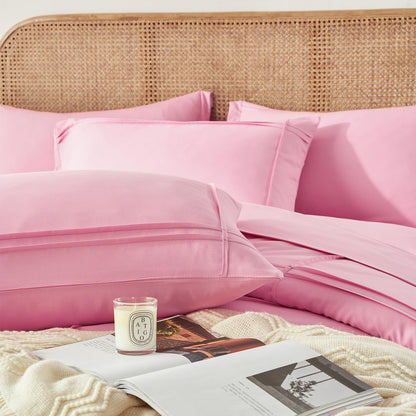 Full Size Comforter Set 7 Piece Bed in a Bag,Grid Pinch Pleat Pink Bedding Set,Striped Textured Soft Microfiber Comforter with Sheet Set,All Season Complete Bed Set(Pink,Full)