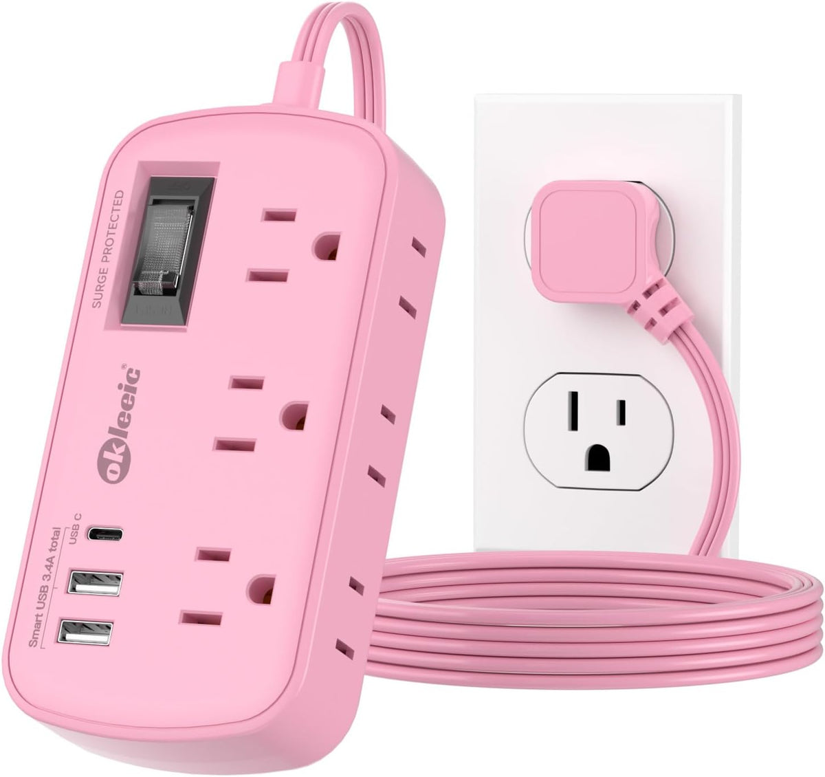 Pink Extension Cord with USB C - 5 FT Kawaii Power Strip
