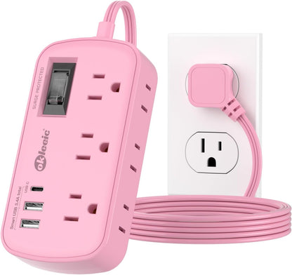 Pink Extension Cord with USB C - 5 FT Kawaii Power Strip