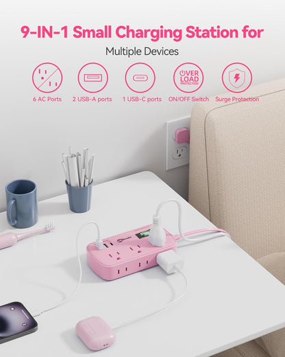 Pink Extension Cord with USB C - 5 FT Kawaii Power Strip