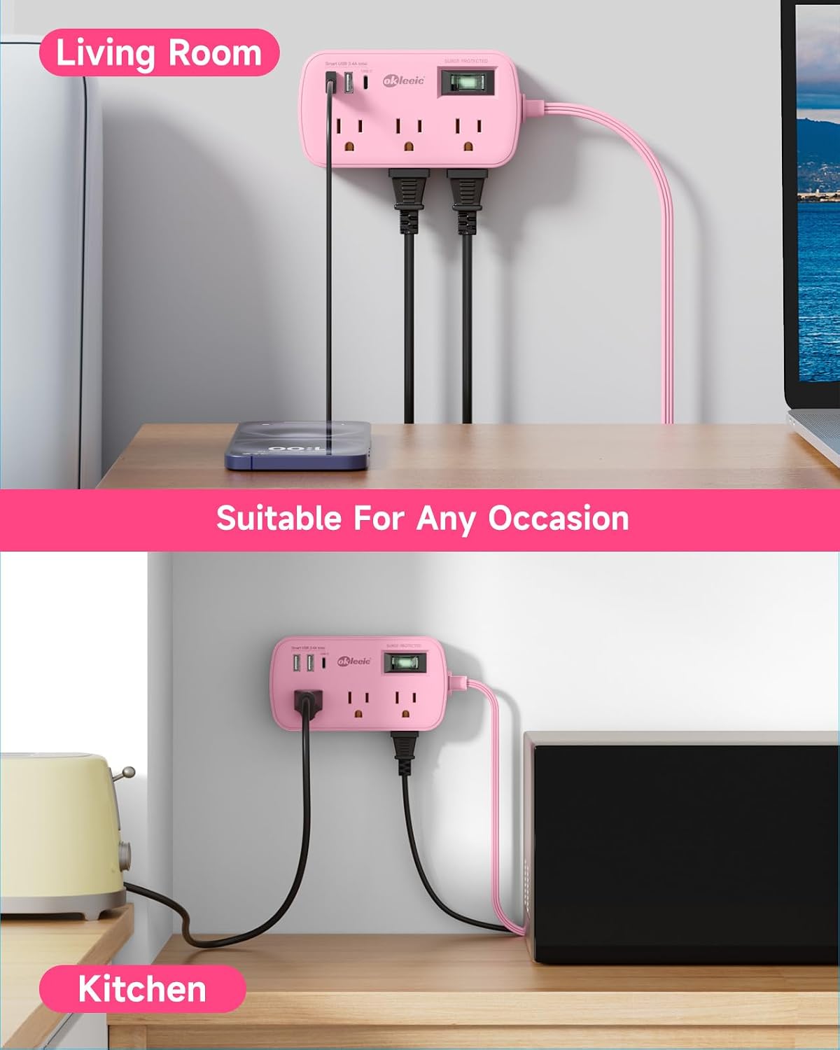 Pink Extension Cord with USB C - 5 FT Kawaii Power Strip