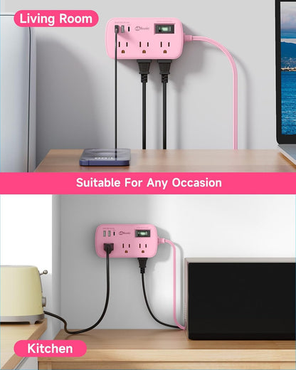 Pink Extension Cord with USB C - 5 FT Kawaii Power Strip