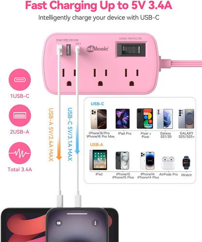 Pink Extension Cord with USB C - 5 FT Kawaii Power Strip