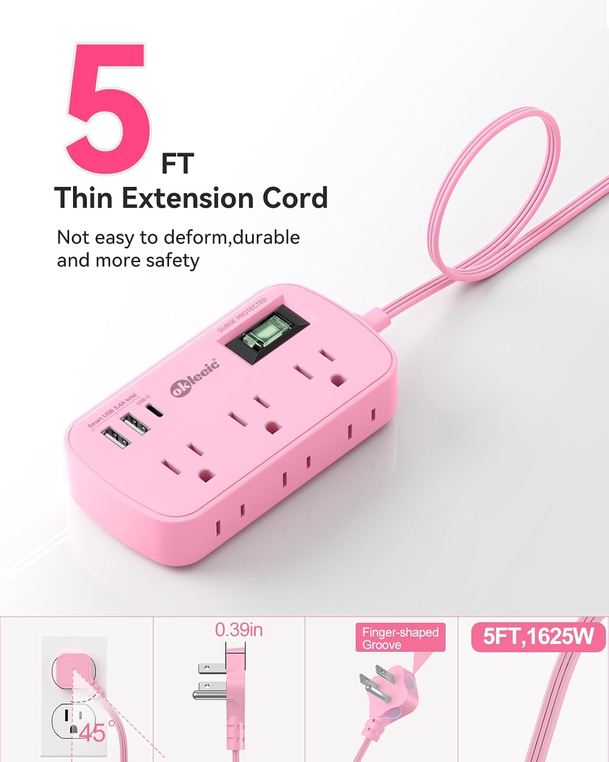 Pink Extension Cord with USB C - 5 FT Kawaii Power Strip
