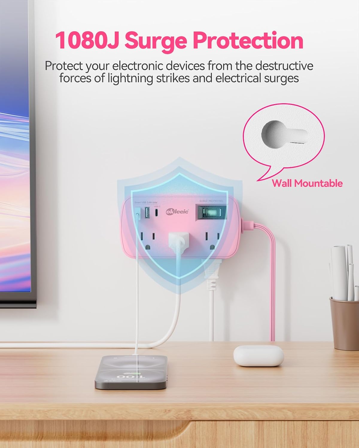 Pink Extension Cord with USB C - 5 FT Kawaii Power Strip