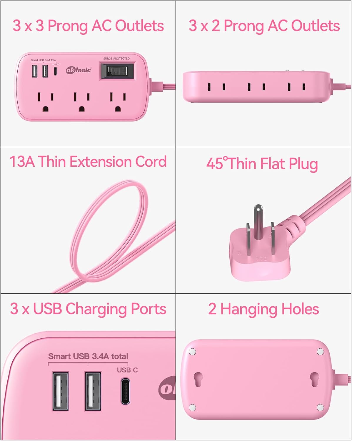 Pink Extension Cord with USB C - 5 FT Kawaii Power Strip
