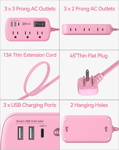 Pink Extension Cord with USB C - 5 FT Kawaii Power Strip