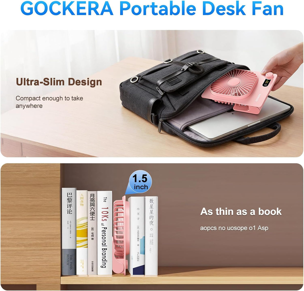 Desk Fan, 6.61''Ultra-thin Battery Powered Fan with Powerful Wind,100 Speeds Adjustable&Digital Display,Timer,Ultra-quiet Small Portable Fan for Bedroom,Office,Travel (Pink, 2000mAh)