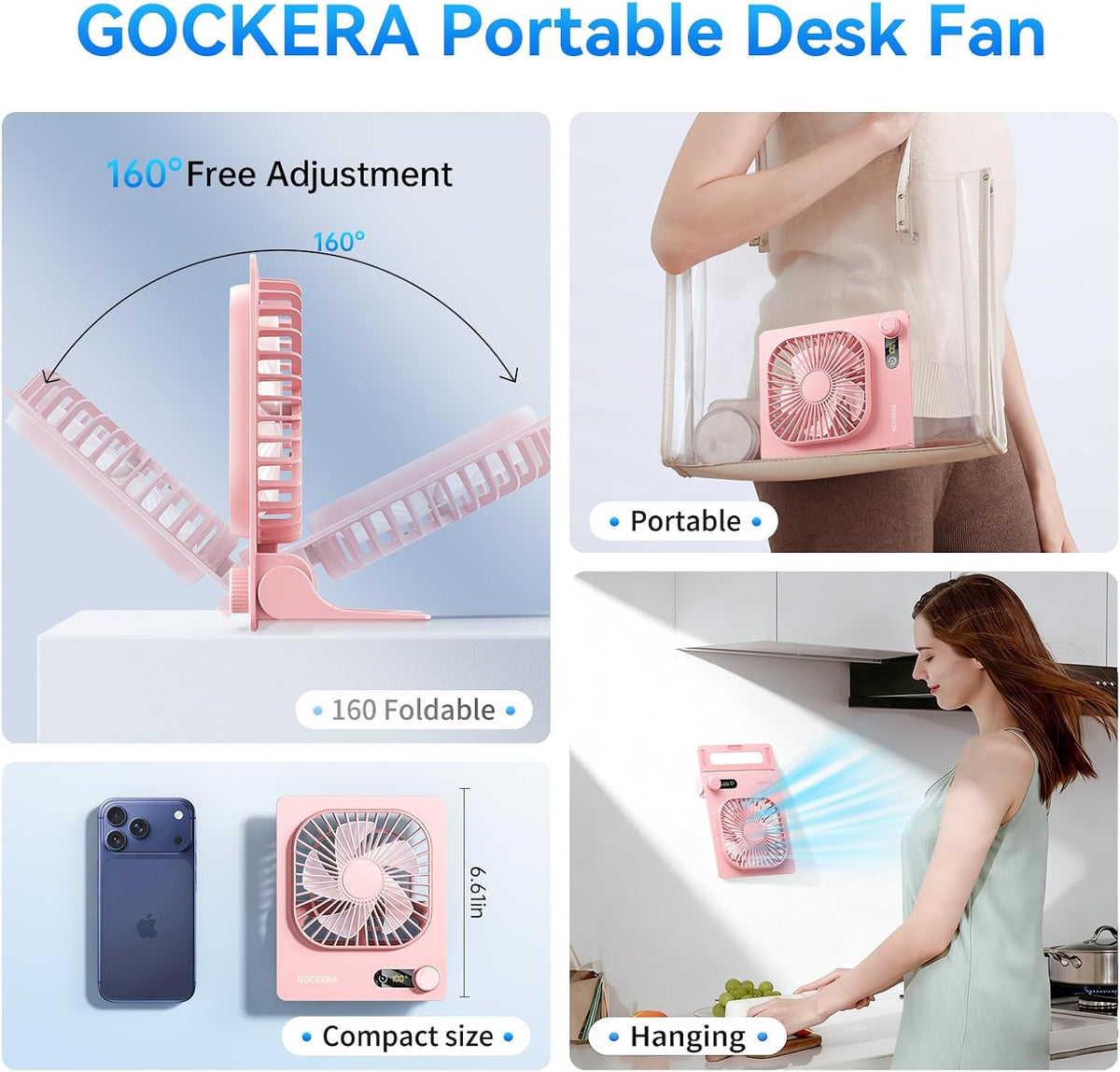 Desk Fan, 6.61''Ultra-thin Battery Powered Fan with Powerful Wind,100 Speeds Adjustable&Digital Display,Timer,Ultra-quiet Small Portable Fan for Bedroom,Office,Travel (Pink, 2000mAh)
