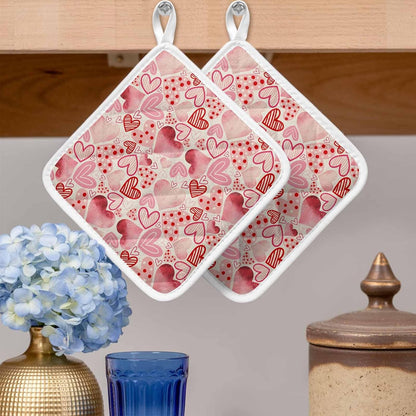 Valentine's Day Pot Holders for Kitchen, Romantic Light Pink Loves Polka Dot Pot Holder with Loop Trivet Heat Insulation Oven Mitts Hot Pads, Washable Potholders for Cooking Baking 2 Pack