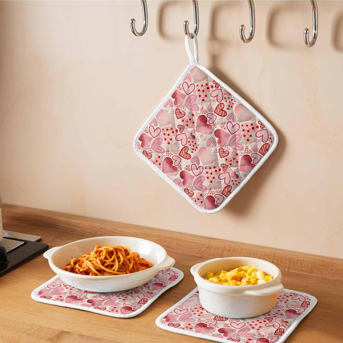 Valentine's Day Pot Holders for Kitchen, Romantic Light Pink Loves Polka Dot Pot Holder with Loop Trivet Heat Insulation Oven Mitts Hot Pads, Washable Potholders for Cooking Baking 2 Pack