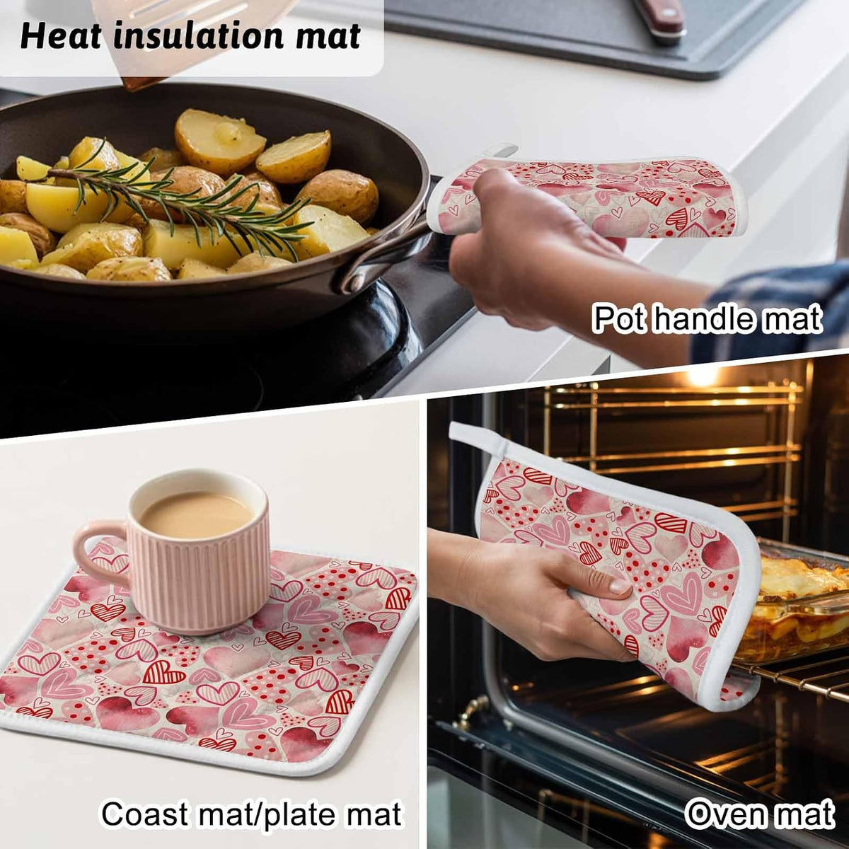 Valentine's Day Pot Holders for Kitchen, Romantic Light Pink Loves Polka Dot Pot Holder with Loop Trivet Heat Insulation Oven Mitts Hot Pads, Washable Potholders for Cooking Baking 2 Pack