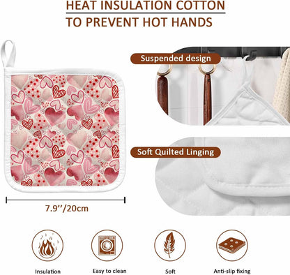 Valentine's Day Pot Holders for Kitchen, Romantic Light Pink Loves Polka Dot Pot Holder with Loop Trivet Heat Insulation Oven Mitts Hot Pads, Washable Potholders for Cooking Baking 2 Pack