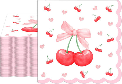 40Pcs Pink Bow Cherry Napkins Disposable Scalloped Bow Cherry Heart paper Napkins Luncheon Dinner Napkins for Baby Shower Cocktail Bridal Shower Party Table Supplies6.5x6.5in