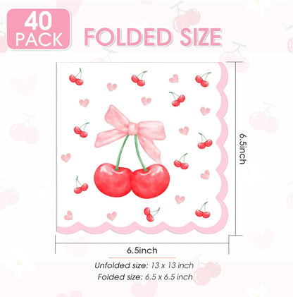 40Pcs Pink Bow Cherry Napkins Disposable Scalloped Bow Cherry Heart paper Napkins Luncheon Dinner Napkins for Baby Shower Cocktail Bridal Shower Party Table Supplies6.5x6.5in