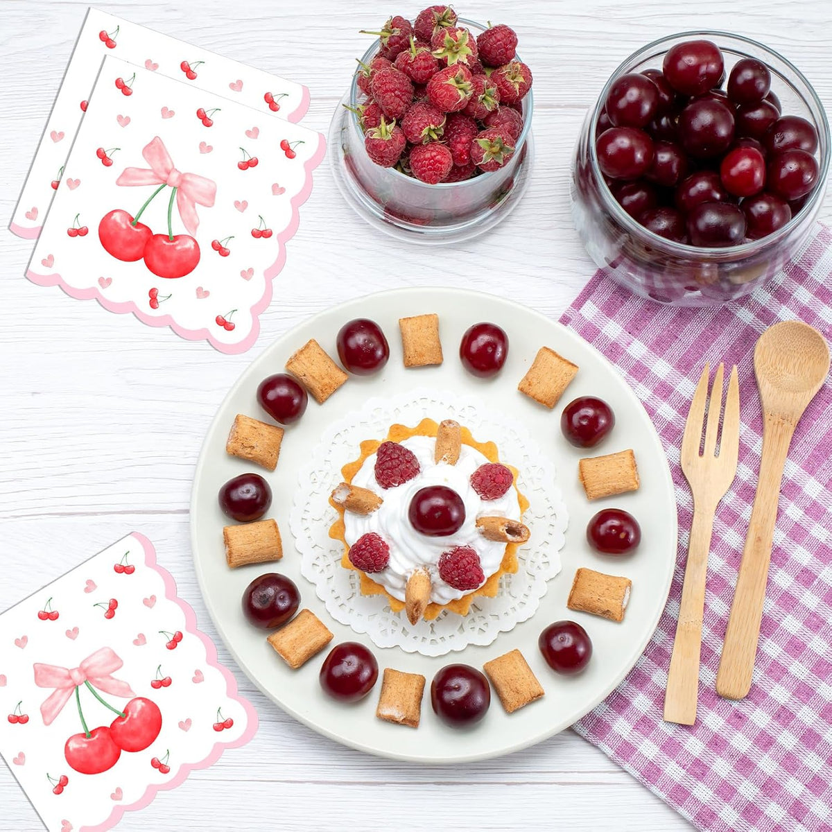 40Pcs Pink Bow Cherry Napkins Disposable Scalloped Bow Cherry Heart paper Napkins Luncheon Dinner Napkins for Baby Shower Cocktail Bridal Shower Party Table Supplies6.5x6.5in
