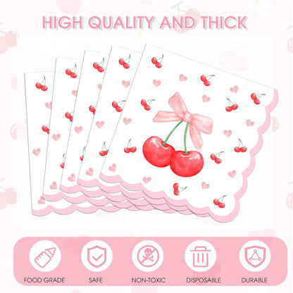40Pcs Pink Bow Cherry Napkins Disposable Scalloped Bow Cherry Heart paper Napkins Luncheon Dinner Napkins for Baby Shower Cocktail Bridal Shower Party Table Supplies6.5x6.5in