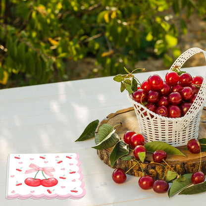 40Pcs Pink Bow Cherry Napkins Disposable Scalloped Bow Cherry Heart paper Napkins Luncheon Dinner Napkins for Baby Shower Cocktail Bridal Shower Party Table Supplies6.5x6.5in