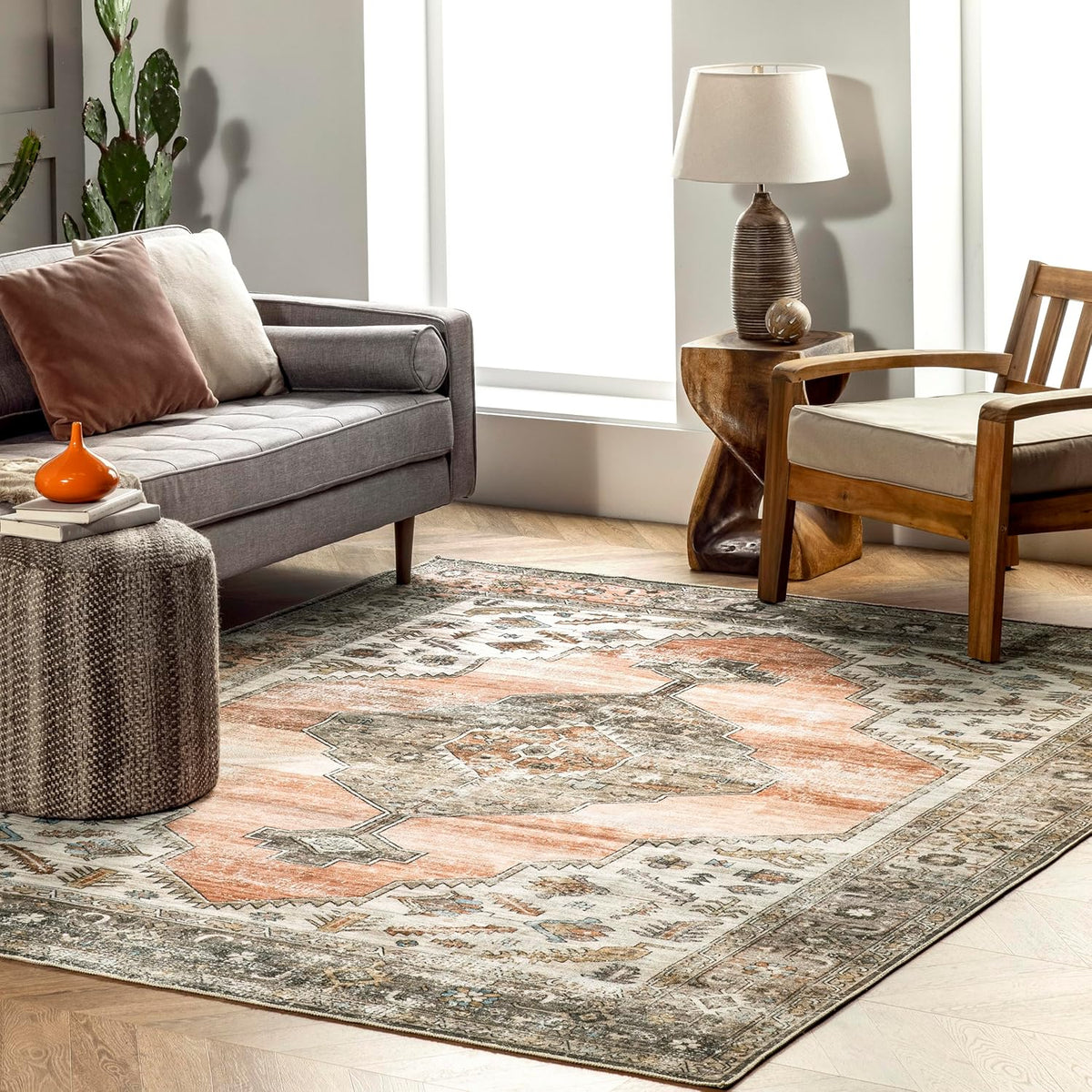 SpinClean Gracie Peach/Ivory, 6' x 9', Vintage Tribal, Soft and Textured, High Traffic, Stain Resistant, Easy Clean, Durable, Machine Washable Area Rug for Bedroom, Living Room, Dining, Den
