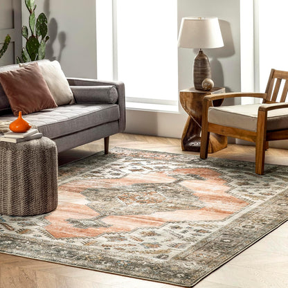 SpinClean Gracie Peach/Ivory, 6' x 9', Vintage Tribal, Soft and Textured, High Traffic, Stain Resistant, Easy Clean, Durable, Machine Washable Area Rug for Bedroom, Living Room, Dining, Den
