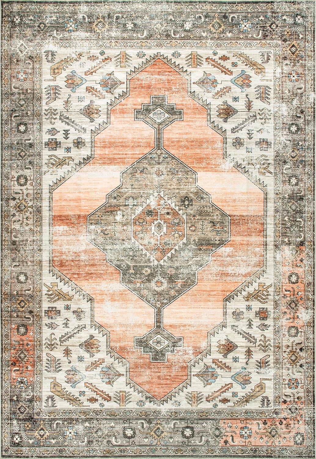SpinClean Gracie Peach/Ivory, 6' x 9', Vintage Tribal, Soft and Textured, High Traffic, Stain Resistant, Easy Clean, Durable, Machine Washable Area Rug for Bedroom, Living Room, Dining, Den