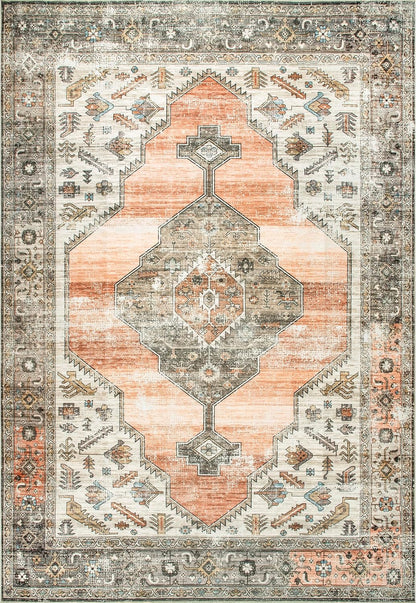 SpinClean Gracie Peach/Ivory, 6' x 9', Vintage Tribal, Soft and Textured, High Traffic, Stain Resistant, Easy Clean, Durable, Machine Washable Area Rug for Bedroom, Living Room, Dining, Den